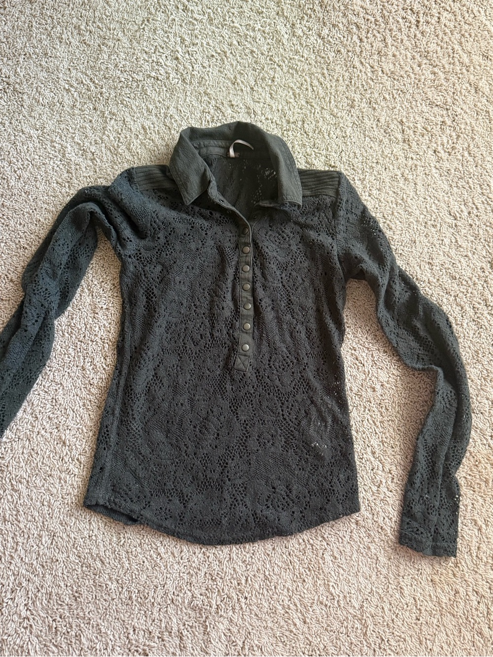 Free People dark Green Lace Long-Sleeve Polo Top